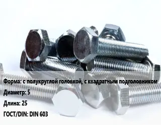 Болт с полукруглой головкой, с квадратным подголовником 5х25 DIN 603